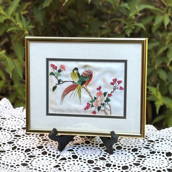 Vintage Chinese Silk Embroidery of Birds & Blossoms Framed Asian Needlework Art - Picture 1 of 16